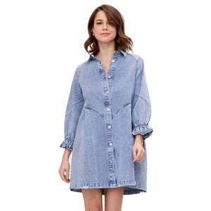 Meufam Women Shirt Dress Denim Dress Loose‎ Casual  Collar Lantern Sleeve Medium
